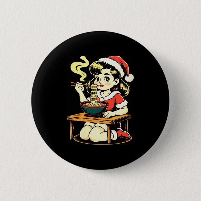 Womens Anime Ramen Xmas Kawaii Santa Girl Eating J 6 Cm Round Badge (Front)