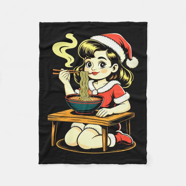 Womens Anime Ramen Xmas Kawaii Santa Girl Eating J Fleece Blanket (Front)