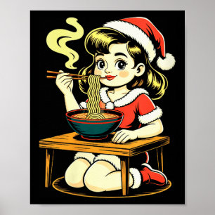 Womens Anime Ramen Xmas Kawaii Santa Girl Eating J Poster