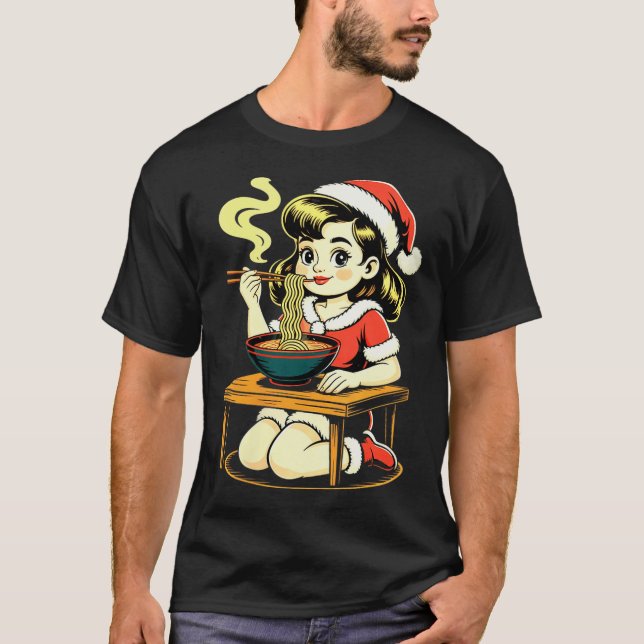 Womens Anime Ramen Xmas Kawaii Santa Girl Eating J T-Shirt (Front)
