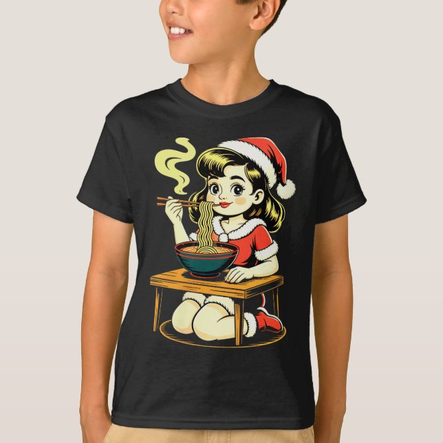 Womens Anime Ramen Xmas Kawaii Santa Girl Eating J T-Shirt (Front)