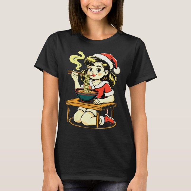 Womens Anime Ramen Xmas Kawaii Santa Girl Eating J T-Shirt (Front)