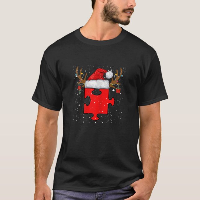 Womens Autism Puzzle Reindeer Santa Hat Christmas  T-Shirt (Front)