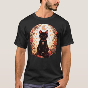Womens Autumn Flowers Magical Black Cat Autumn Hal T-Shirt