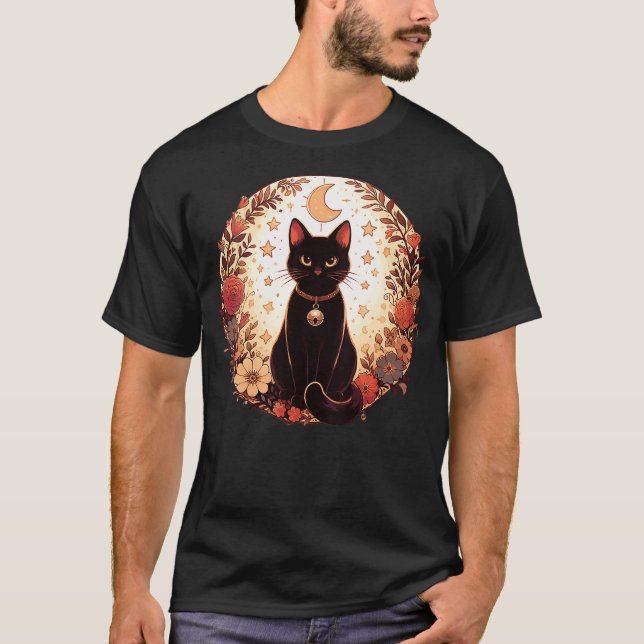 Womens Autumn Flowers Magical Black Cat Autumn Hal T-Shirt (Front)