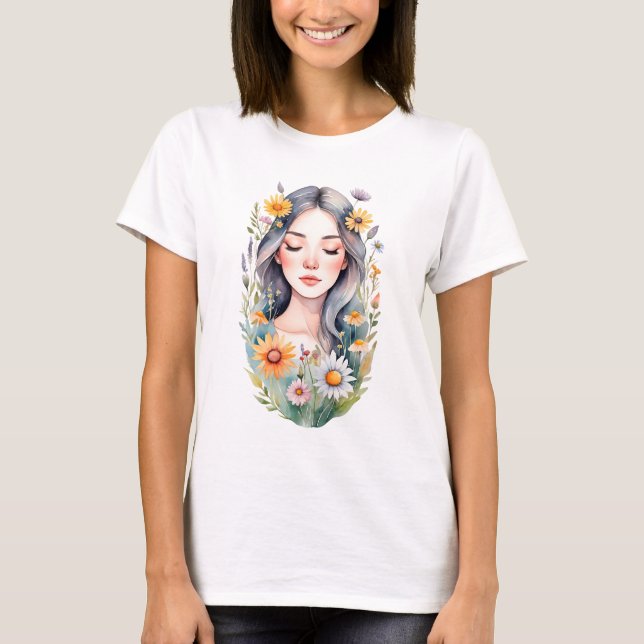 Womens Basic T-Shirt A girl with flowers in her ha (Front)