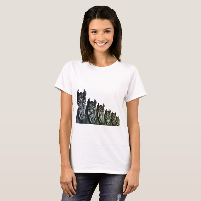 Women's Basic T-Shirt, White Horses Art T-Shirt (Front Full)
