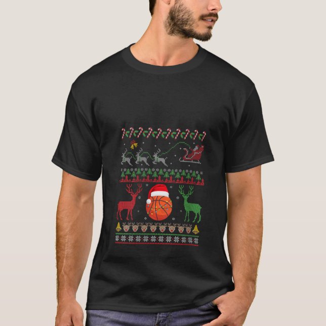 Womens Basketball Christmas Reindeer Lights Santa  T-Shirt (Front)