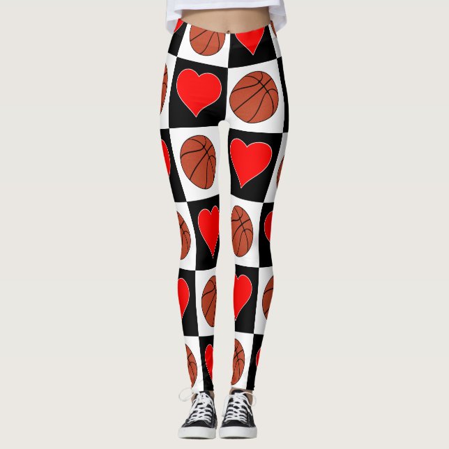Women's Basketball Cute Basketballs and Hearts Leggings (Front)