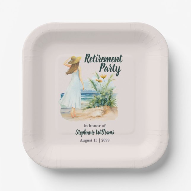 Womens Beach and Flowers Themed Retirement Party Paper Plate (Front)