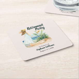 Womens Beach and Flowers Themed Retirement Party Square Paper Coaster