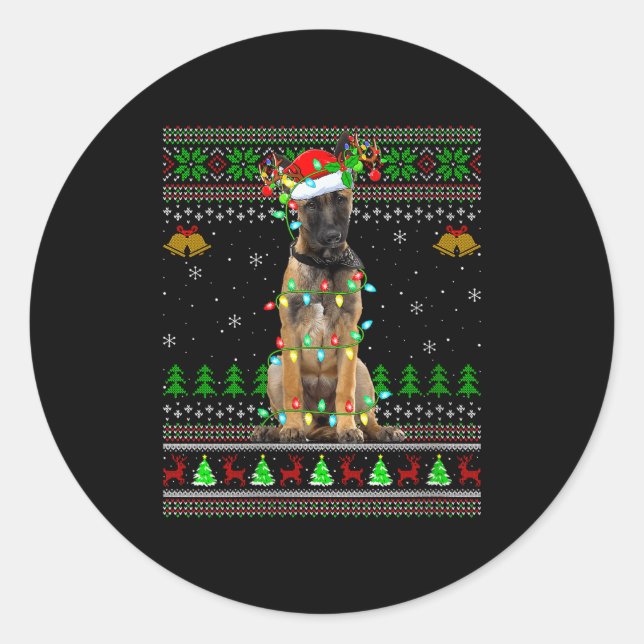Womens Belgian Malinois Dog Ugly Christmas Sweater Classic Round Sticker (Front)