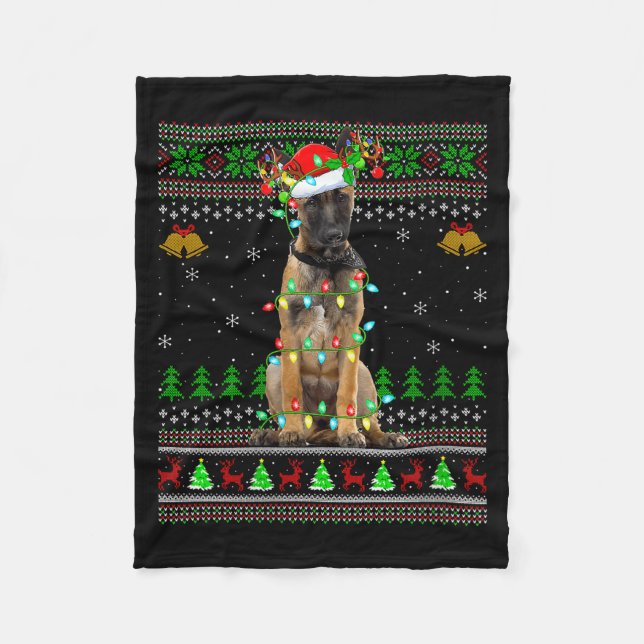 Womens Belgian Malinois Dog Ugly Christmas Sweater Fleece Blanket (Front)