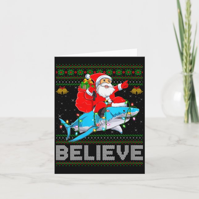Womens Believe Xmas Funny Santa Riding Shark Ugly  Card (Front)