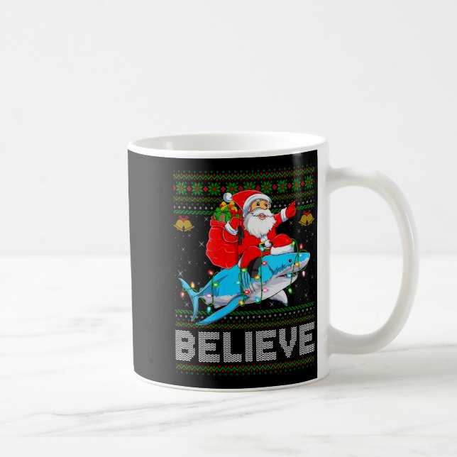 Womens Believe Xmas Funny Santa Riding Shark Ugly  Coffee Mug (Right)