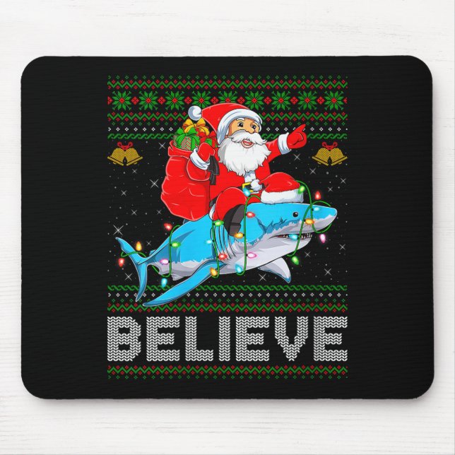 Womens Believe Xmas Funny Santa Riding Shark Ugly  Mouse Mat (Front)