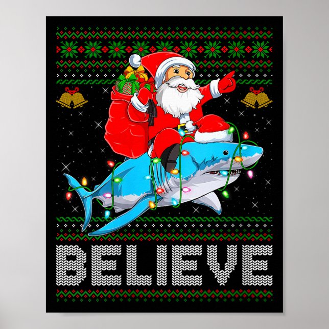 Womens Believe Xmas Funny Santa Riding Shark Ugly  Poster (Front)