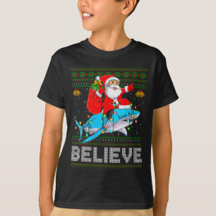 Womens Believe Xmas Funny Santa Riding Shark Ugly T-Shirt