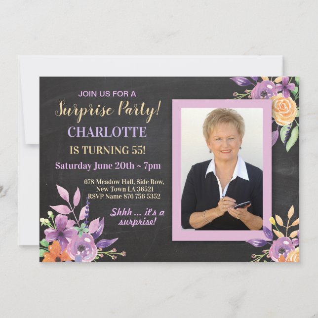 Women's Birthday Party Photo Flowers Chalk Invite (Front)
