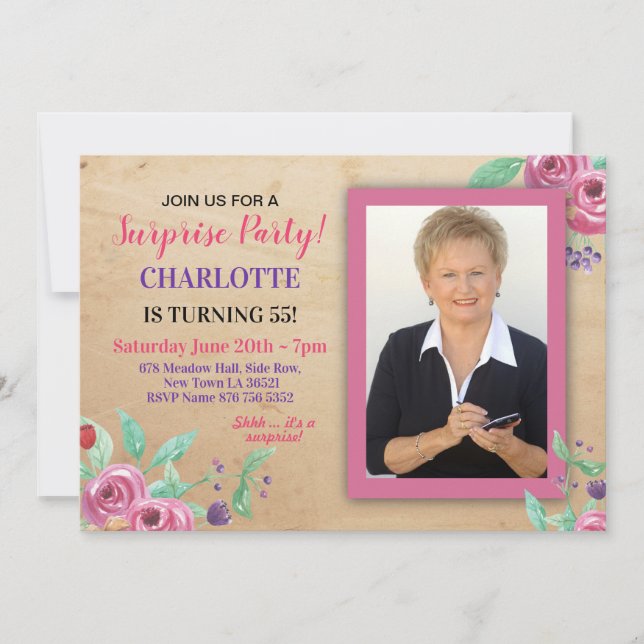 Women's Birthday Party Photo Flowers Rustic Invite (Front)