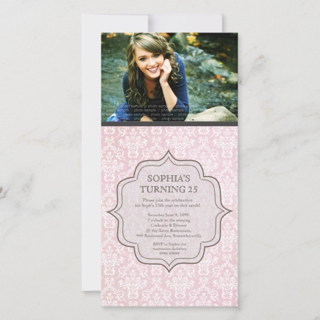 Women's Birthday White & Pink Damask Invite (Front)