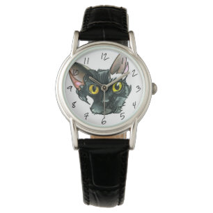 Women's Black Cat Black Leather Strap Watch