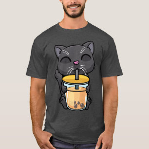Womens Black Cat Kawaii Drinking Bubble Tea Milk B T-Shirt