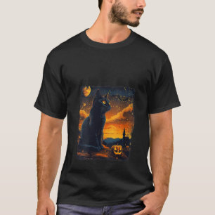 Womens Black Cat Starry Night Van Gogh Pumpkins Ba T-Shirt