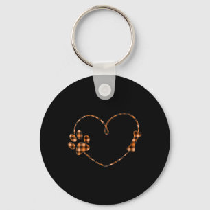 Womens Black Orange Plaid Dog Paw Heart Bone Key Ring