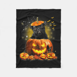 Womens Black Pug Spooky Halloween Pumpkin Dog Head Fleece Blanket