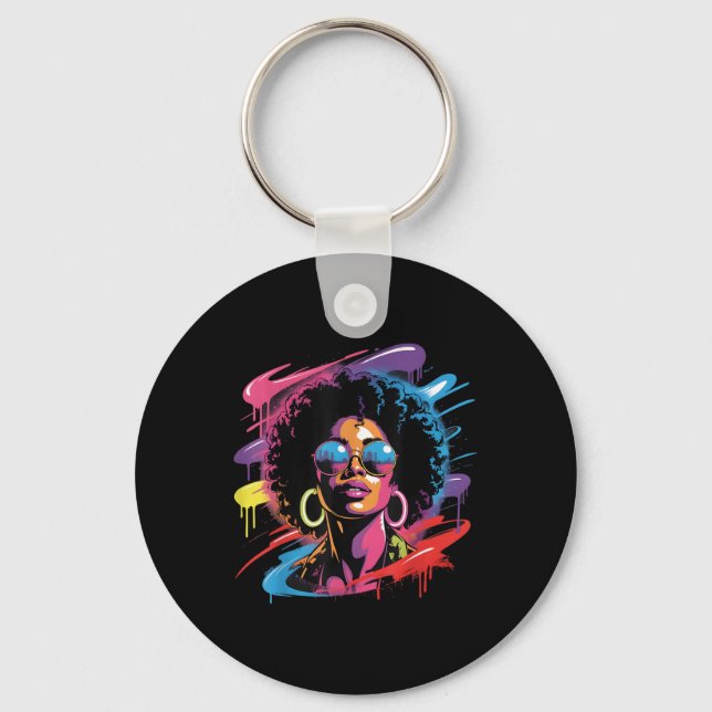 Womens Black Queen Afro Melanin Paint Dripping Jun Key Ring (Front)