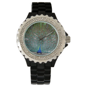 Women's Black Rhinestone Opened Winged Peacock Watch