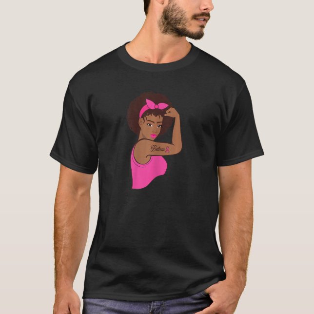 Womens Black Rosie Riveter Afro Breast Cancer Awar T-Shirt (Front)