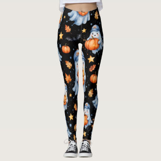 Womens Black Spooky ONE Blue Ghost Leggings