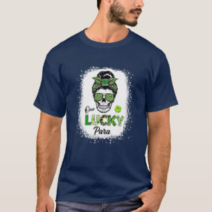 Womens Bleached Lucky Para Messy Bun Skull Shamroc T-Shirt