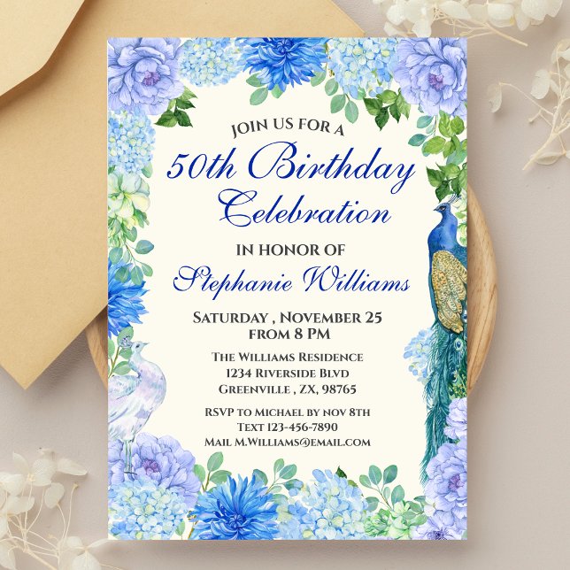 Women's Blue Floral Border 50th Birthday Party Invitation (Creator Uploaded)