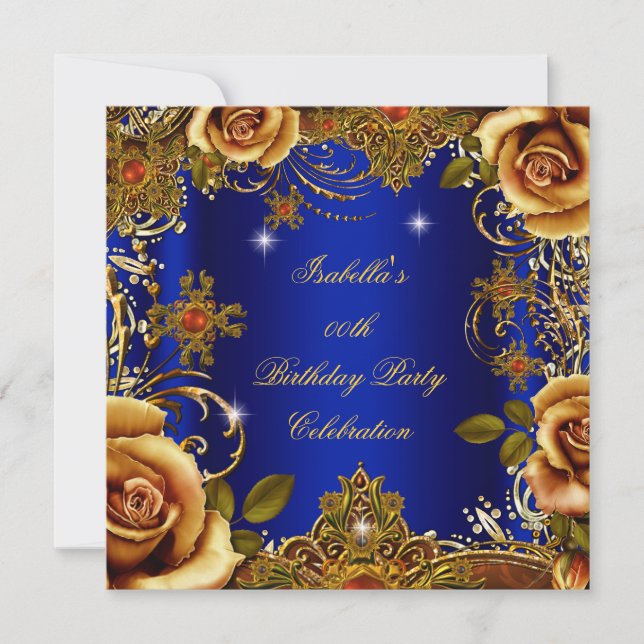 Women's Blue Gold Cream Rose Elite Birthday Party Invitation (Front)