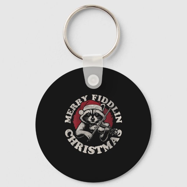 Womens Bluegr Holiday Raccoon Merry Fidding Christ Key Ring (Front)