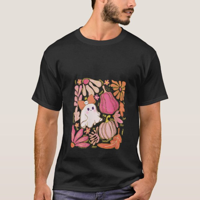 Womens Boho Floral Pumpkin Season Ghost Cosy Aesth T-Shirt (Front)