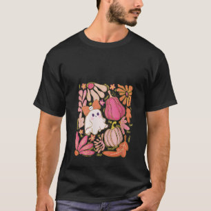 Womens Boho Floral Pumpkin Season Ghost Cozy Aesth T-Shirt