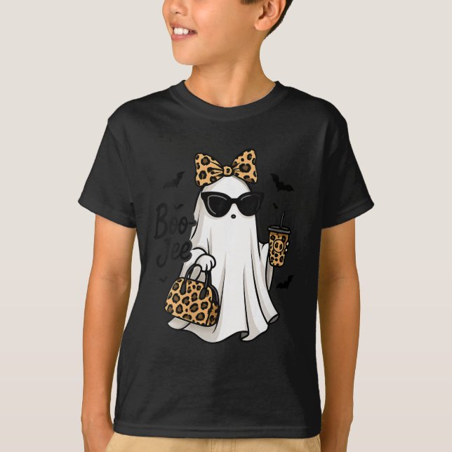 Womens Boo Jee Ghost With Coffee Coquette Bow Hall T-Shirt (Front)