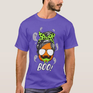 Womens Boo messy hair bun pumpkin sunglasses ghost T-Shirt