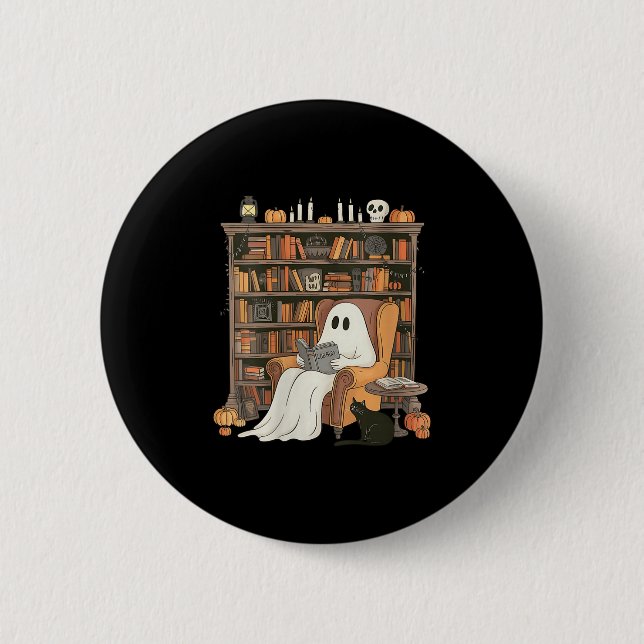Womens Bookish Ghost Haunted Library Cat Bookworm  6 Cm Round Badge (Front)