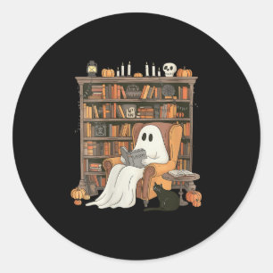 Womens Bookish Ghost Haunted Library Cat Bookworm Classic Round Sticker