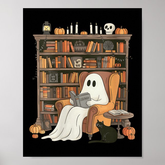 Womens Bookish Ghost Haunted Library Cat Bookworm  Poster (Front)
