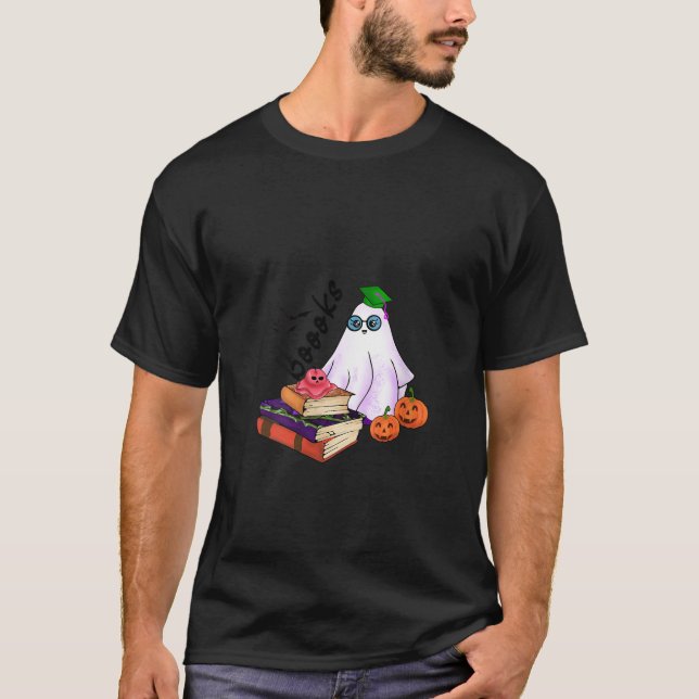 Womens Books Ghost Pumpkin Halloween Teacher V Nec T-Shirt (Front)