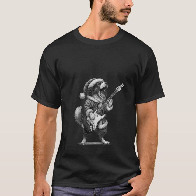 Womens Border Collie Playing Guitar Christmas Dog  T-Shirt (Front)