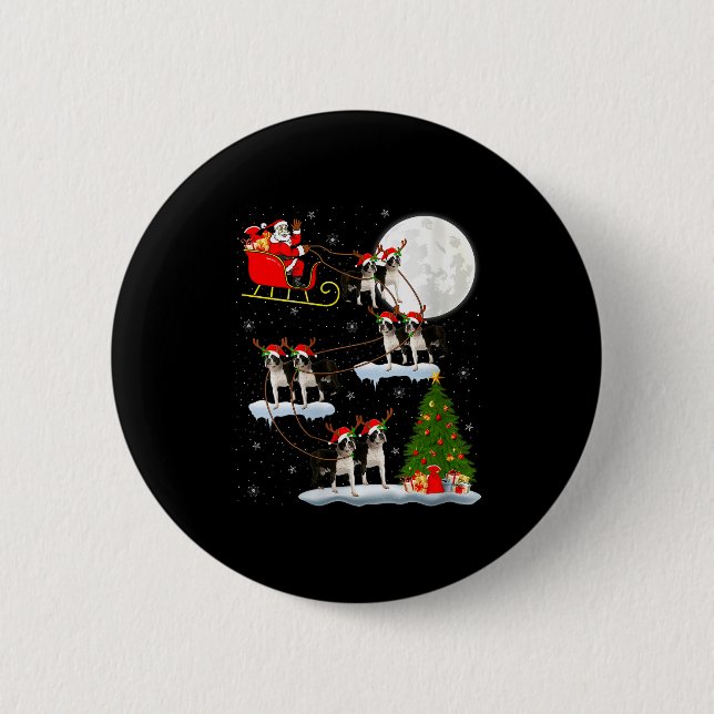 Womens Boston Terrier Dog Santa Sleigh Flying Funn 6 Cm Round Badge (Front)
