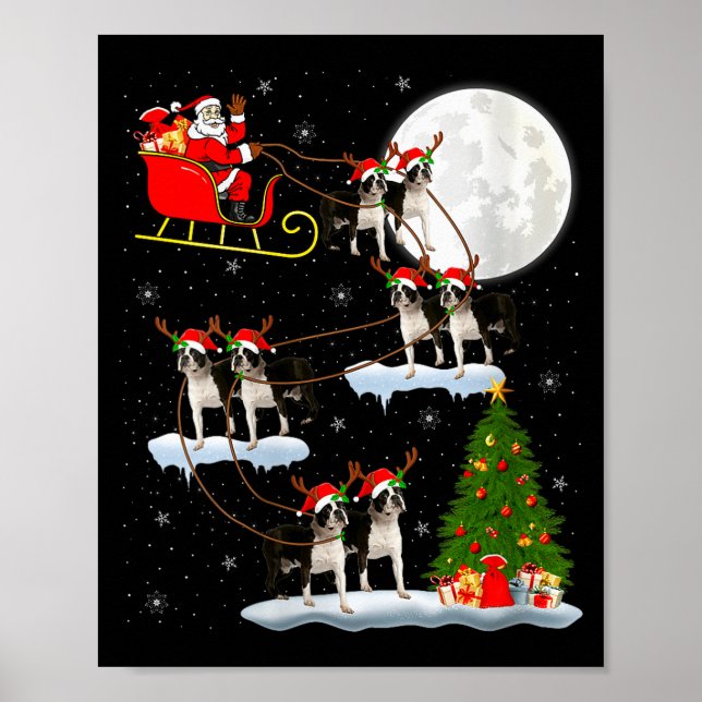 Womens Boston Terrier Dog Santa Sleigh Flying Funn Poster (Front)