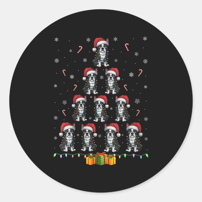 Womens Boston Terrier Santa Hat Xmas Light Men Wom Classic Round Sticker (Front)